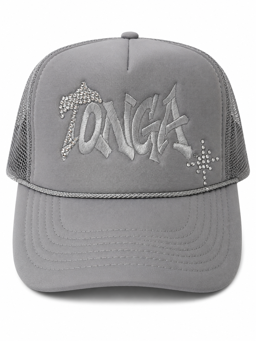 TONGA Embroidered Rhinstone Trucker Hat - Gray
