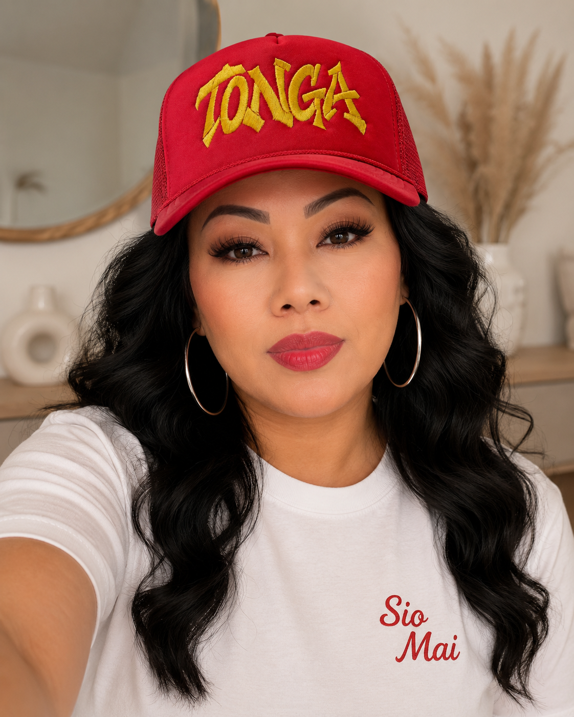 TONGA Embroidered Trucker Hat - Red & gold